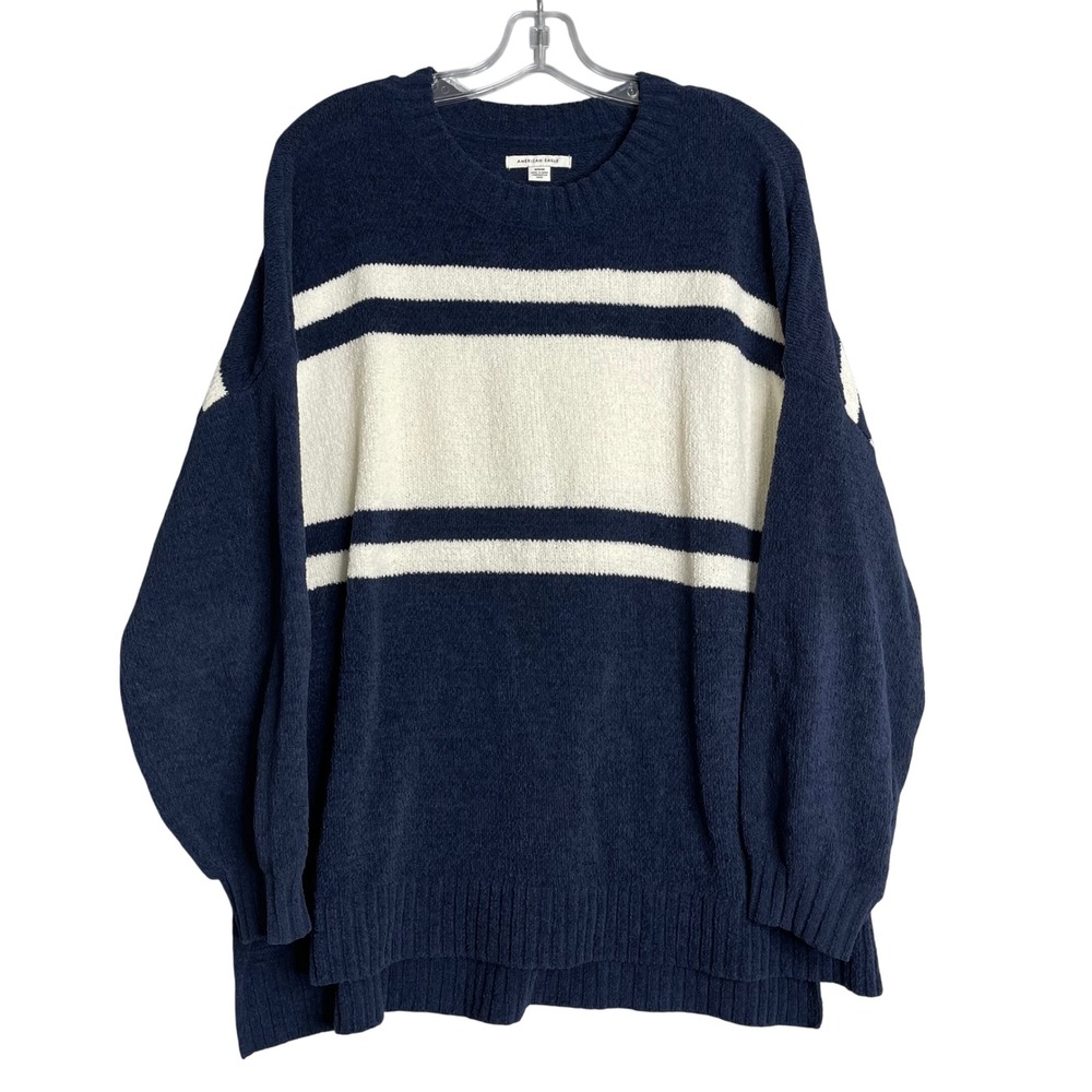 AE Sweater Womens M Blue White Stripe Oversized Boyfriend 90s Y2K Preppy